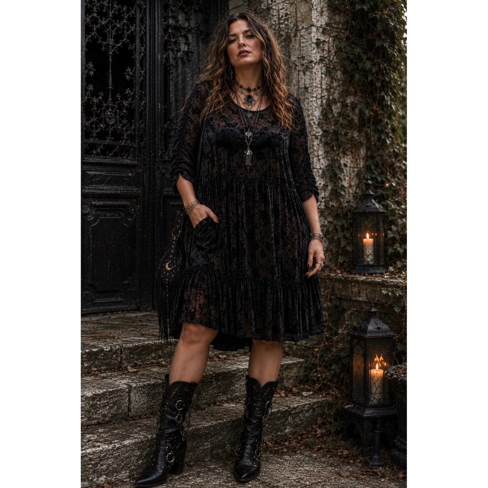 Zapelle Women's L/XL Black Sheer Burnout Velvet Floral Midi Dress Ruched Sleeves